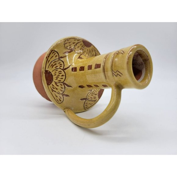 Pennsylvania Yellow Ware Glazed Chimney Candlestick W/Handle Incised Design - Picture 5 of 14